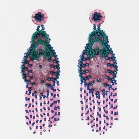 New ZARA Tropical Boho Pink Blue Green Beaded Fringe Earrings - Picture 3 of 11